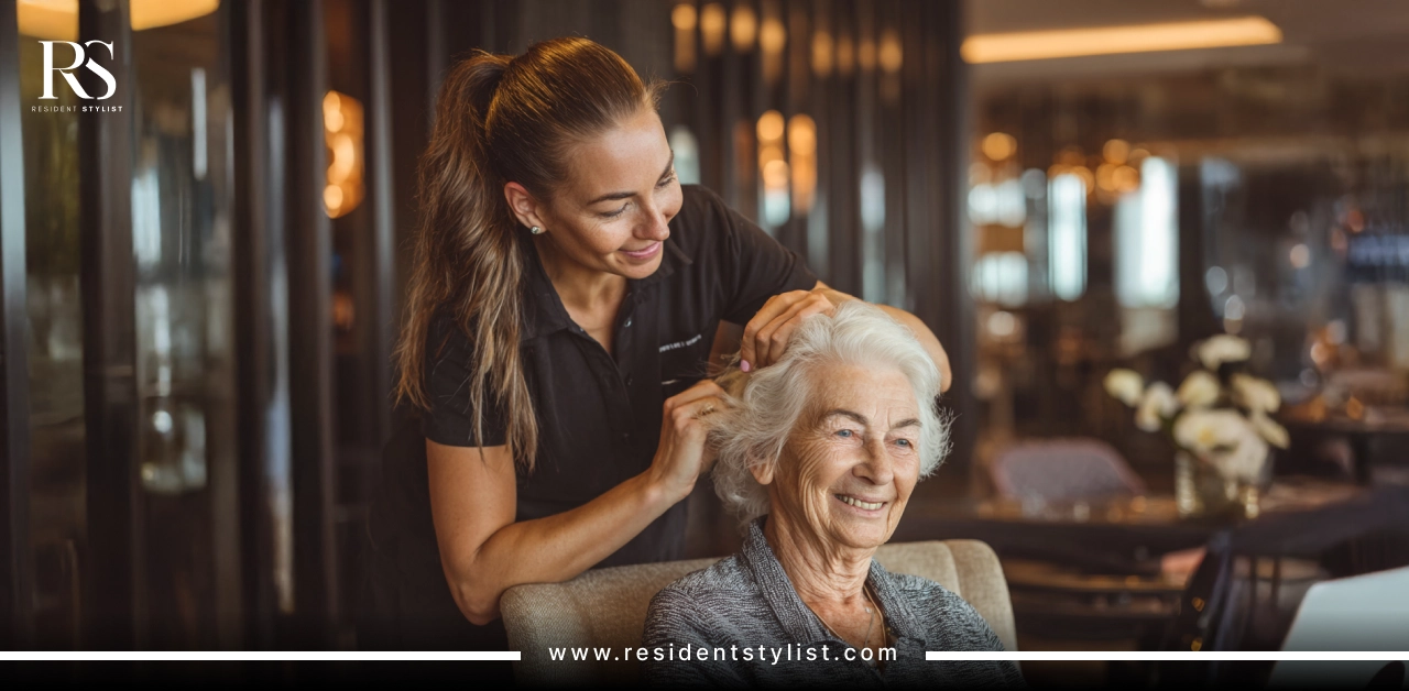 Professional hairstylist providing gentle senior haircare in an aged care facility, supporting resident comfort, dignity, and well-being.
