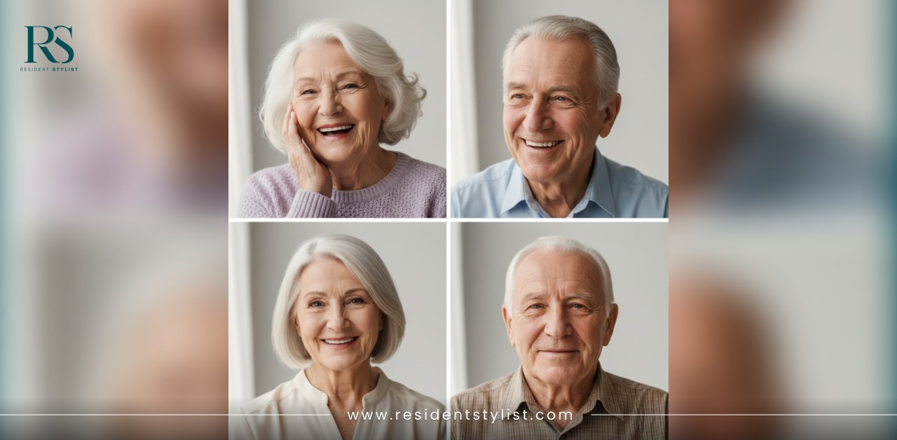 Elderly woman with a neat, low-maintenance haircut smiling comfortably in an aged care setting