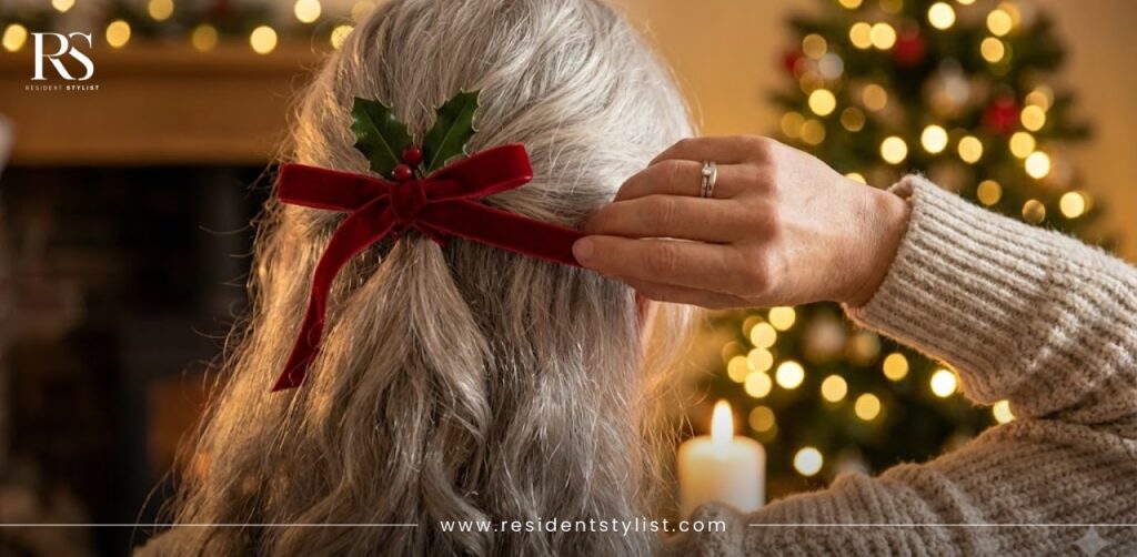 An adult daughter gently brushing her elderly mother’s hair on Christmas Eve in a warm, festive living space, symbolizing care, dignity, and emotional connection in aged care.