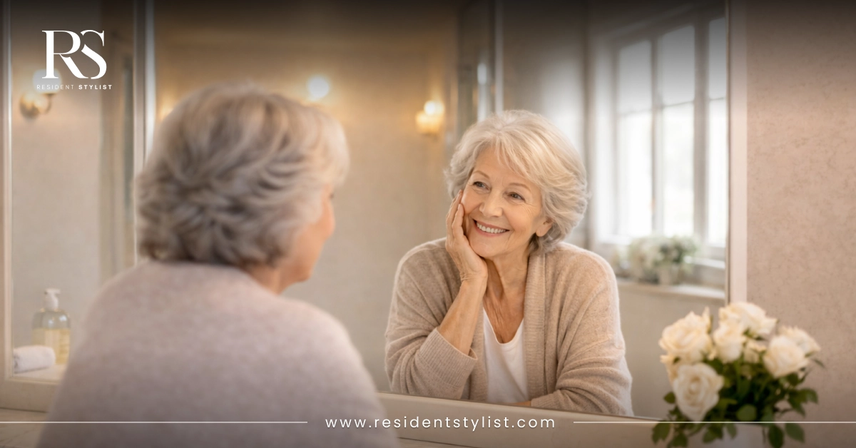 A happy elderly resident smiling while getting a fresh, stylish haircut from a ResidentStylist professional at a care facility.